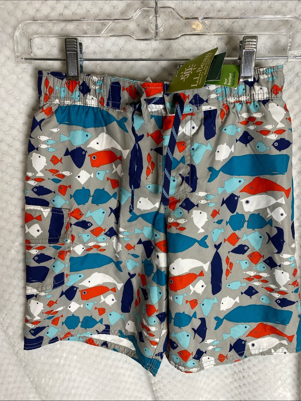 L.L.Bean Boys' Beansport Swim Shorts Frost Gray Fish Print